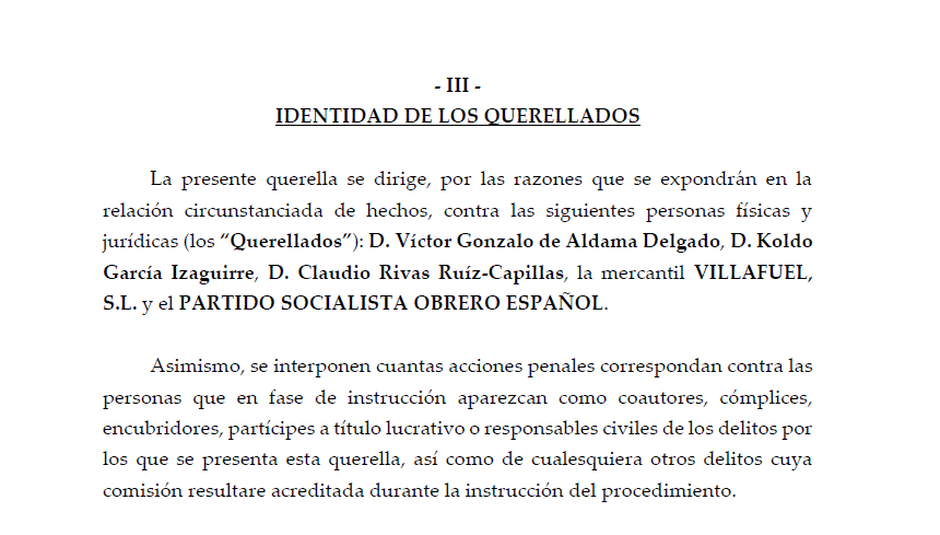 Extracto de la querella interpuesta por el PP en la que se ve la identidad de los querellados, entre los que se encuentran Víctor de Aldama, Koldo García y el PSOE