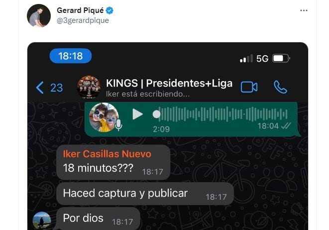 Captura del tuit de Gerard Piqué en el que muestra el error cometido por Iker Casillas.