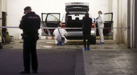 La policía científica registra el vehículo en el que la viuda del expresidente de la extinta Caja de Ahorros del Mediterráneo (CAM), Vicente Sala, ha sido hallada hoy muerta por un disparo en la cabeza en el interior del coche de alta gama en el transcurs