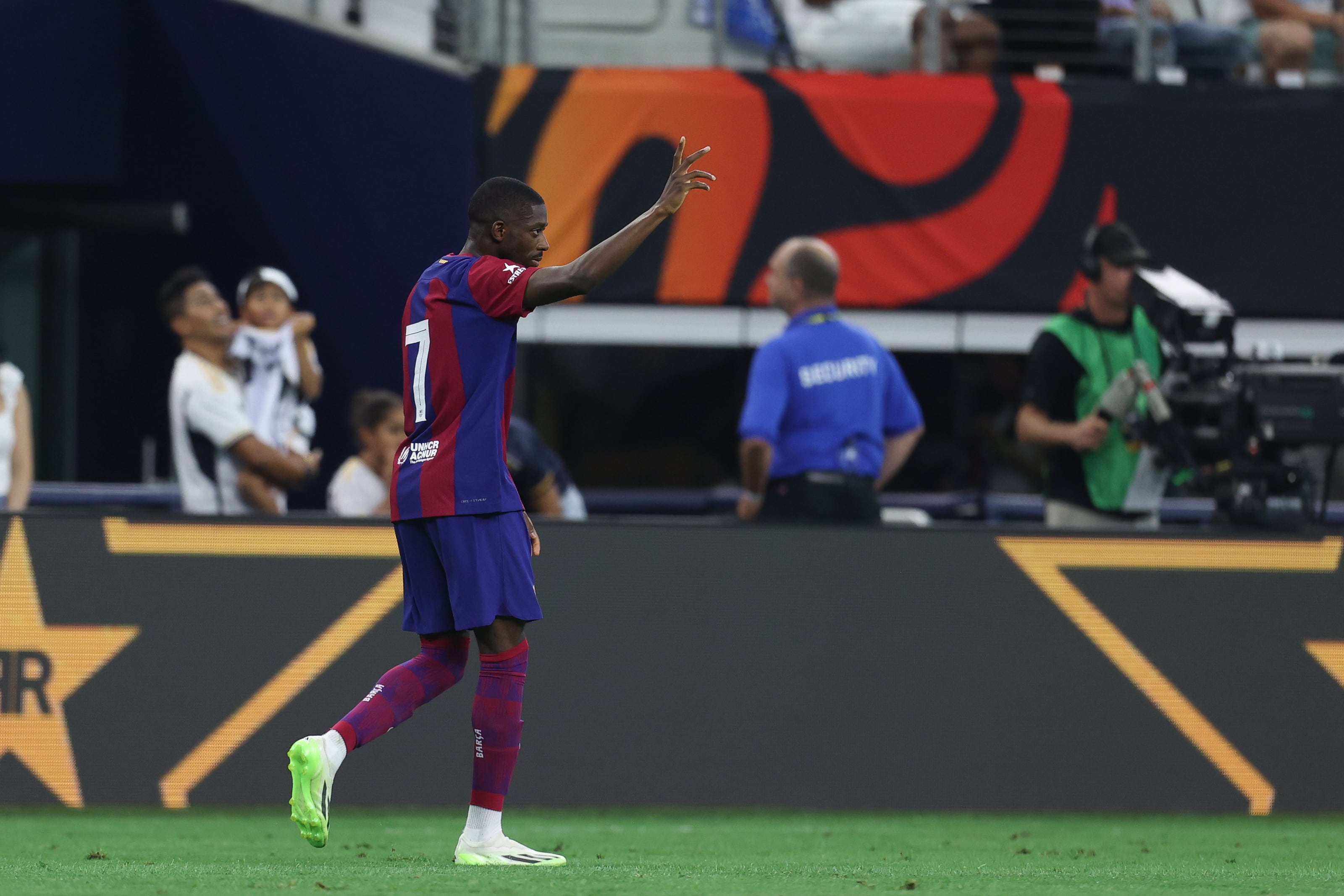 Dembélé celebrando su gol contra el Real Madrid en el &#039;Clásico&#039; de pretemporada.