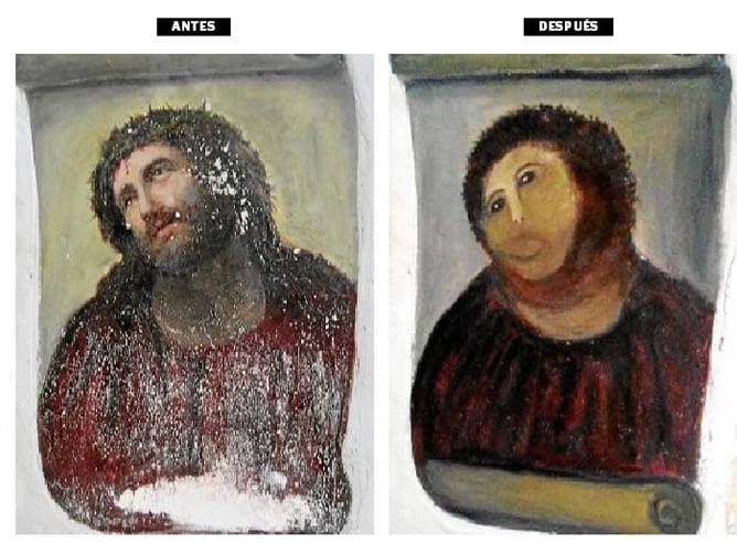 Estado del antes y después de la obra de arte después de la intervención de la anciana