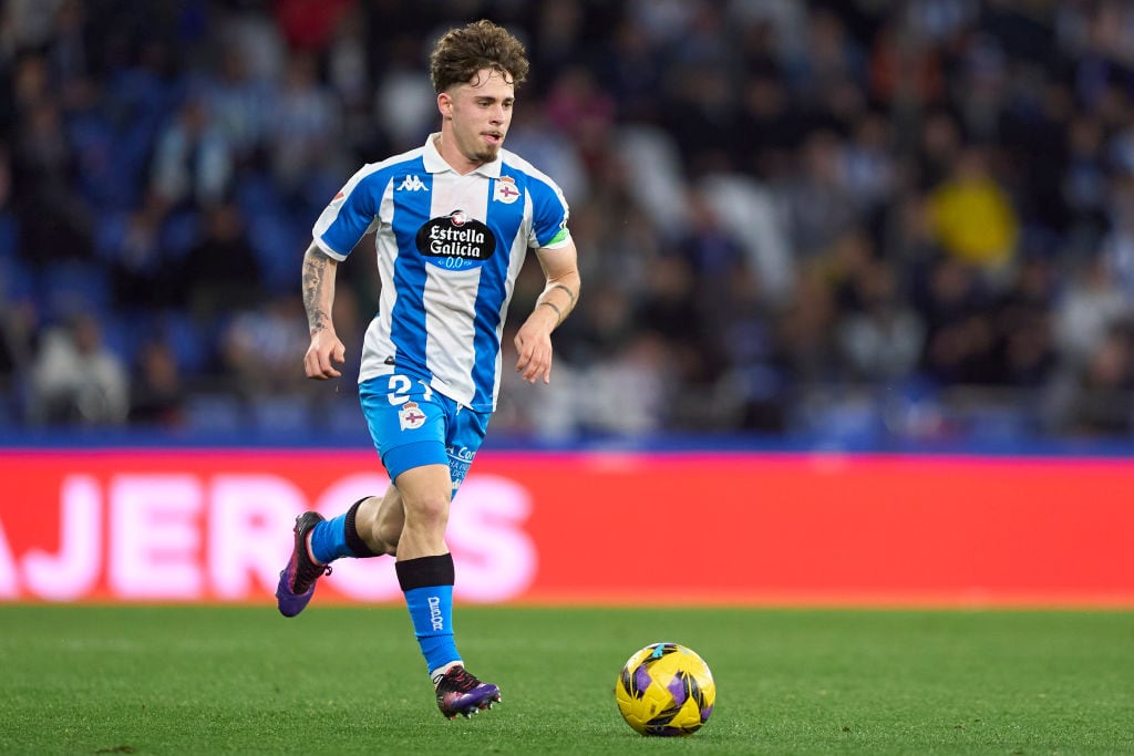 Mario Soriano of RC Deportivo de La Coruna plays during the La Liga Hypermotion match between RC Deportivo de La Coruna and UD Almeria at Estadio Abanca Riazor in A Coruna, Spain, on February 9, 2025. (Photo by Jose Manuel Alvarez Rey/JAR Sport Images/NurPhoto via Getty Images)