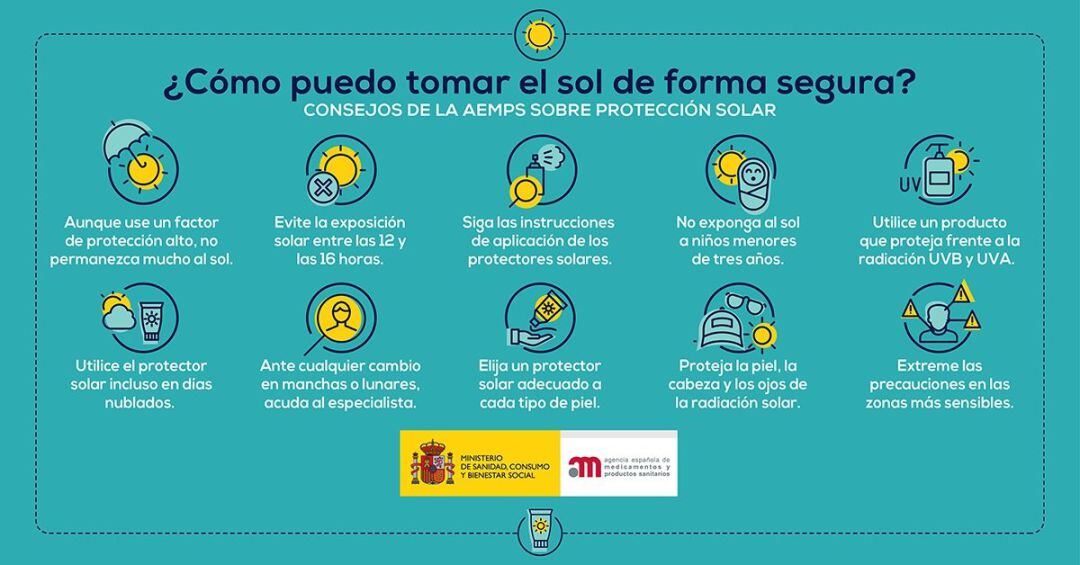 Infografía de la AEMPS sobre cómo tomar el sol de forma segura