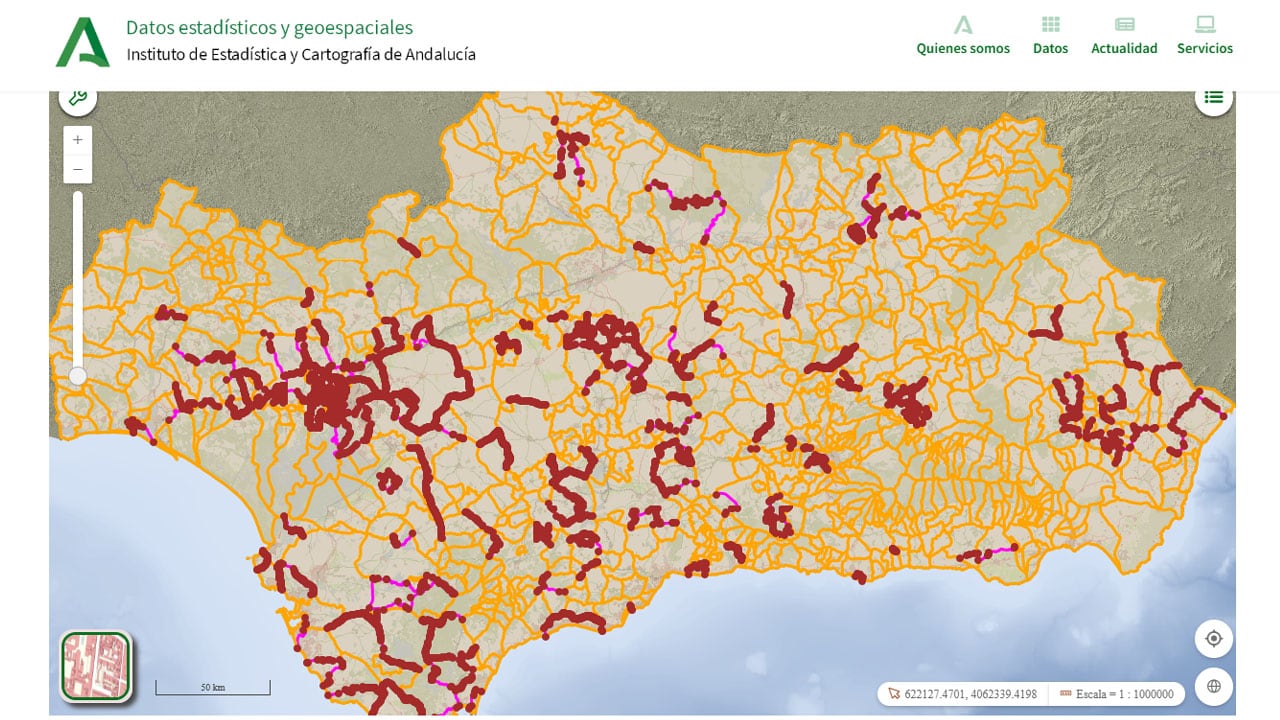 Mapa oficial de los límites municipales de Andalucía. En rojo, los límites confirmados. El amarillo, los límites tradicionales pero estimados de los municipios