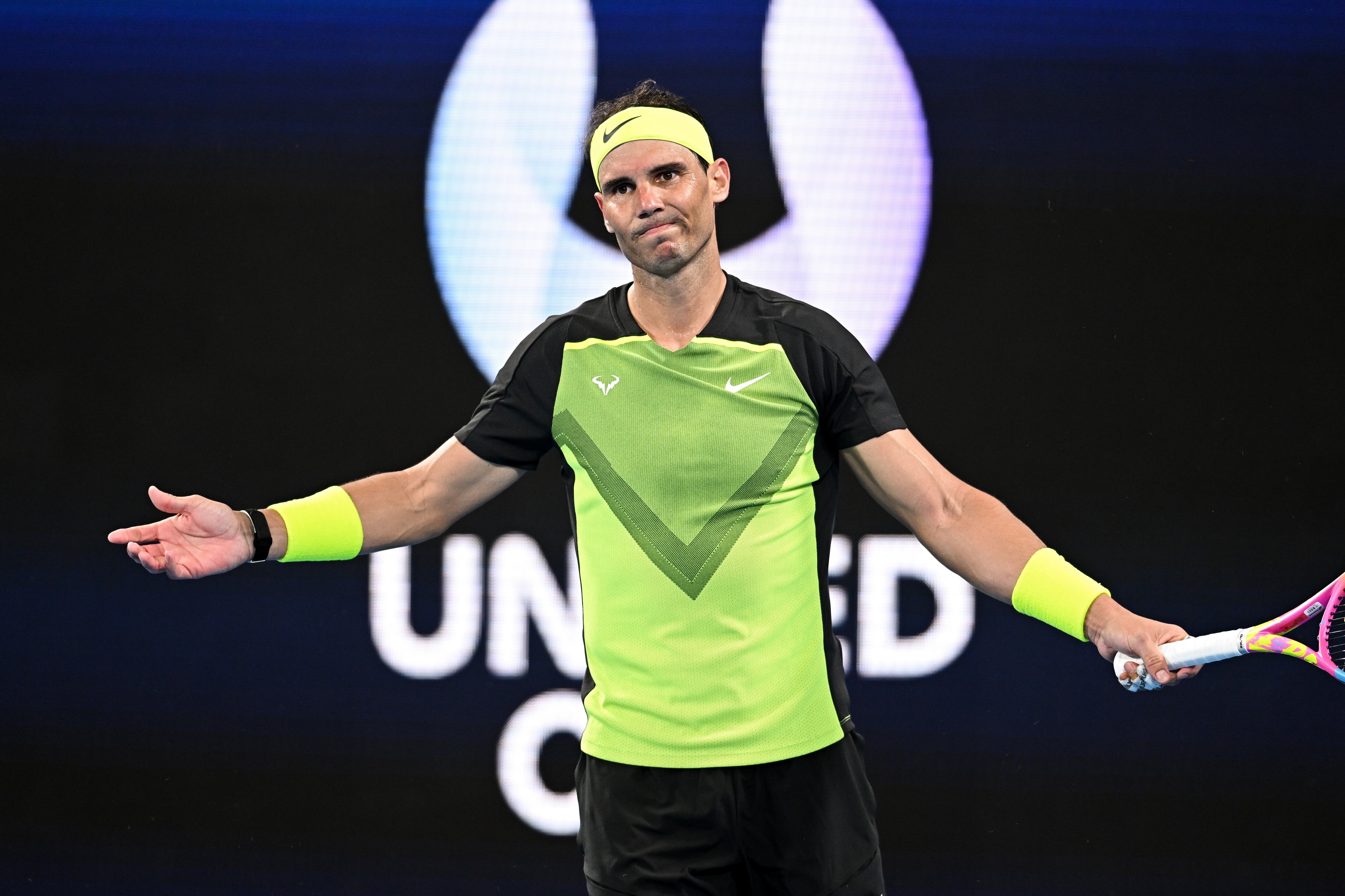 Sydney (Australia), 31/12/2022.- Rafael Nadal of Spain reacts during the 2023 United Cup tennis match against Cameron Norrie of Britain at Ken Rosewall Arena in Sydney, Australia, 31 December 2022. (Tenis, España, Reino Unido) EFE/EPA/STEVEN MARKHAM AUSTRALIA AND NEW ZEALAND OUT
