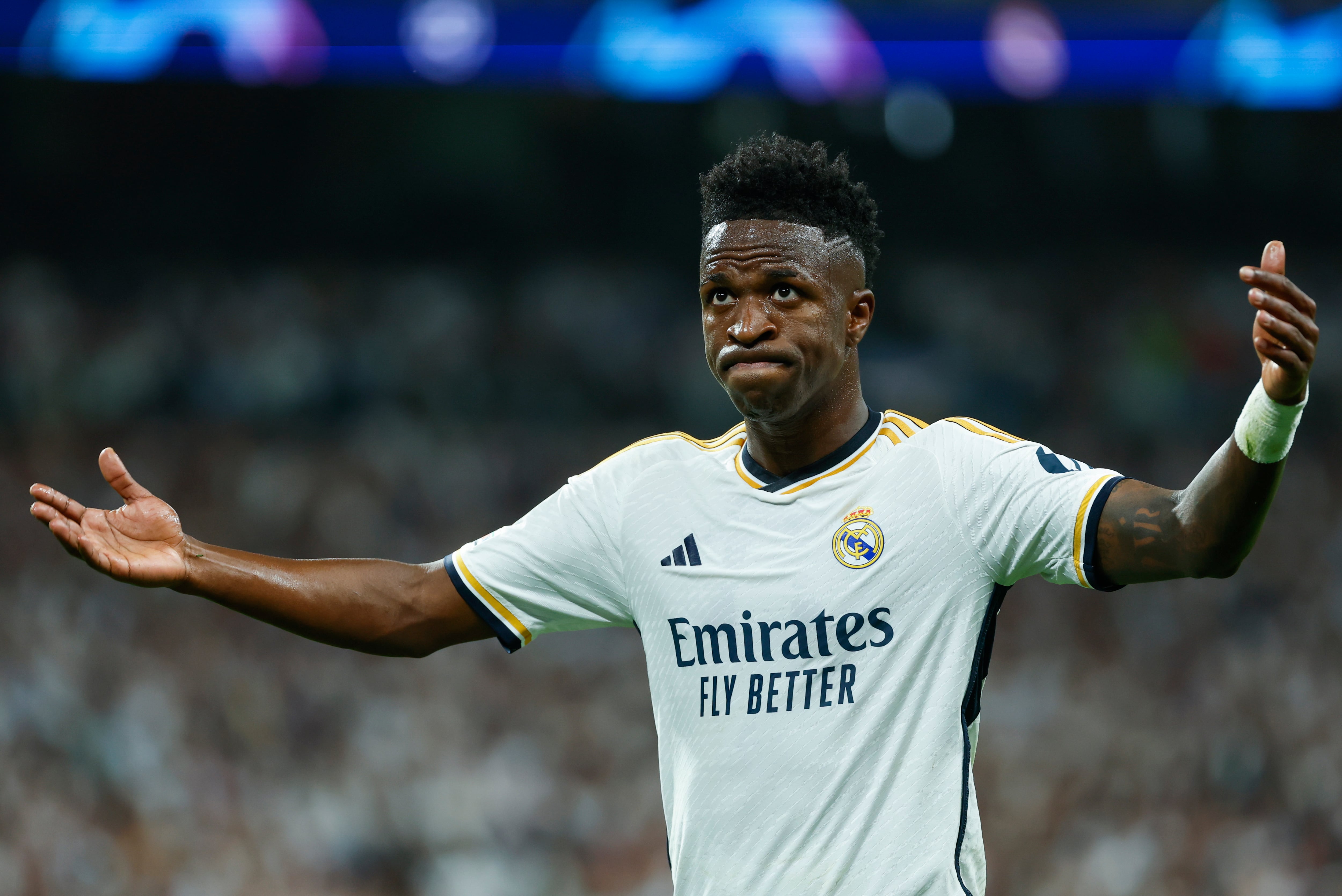 El delantero del Real Madrid Vinicius Junior, durante el partido de vuelta de las semifinales de la Liga de Campeones que Real Madrid y Bayern de Múnich