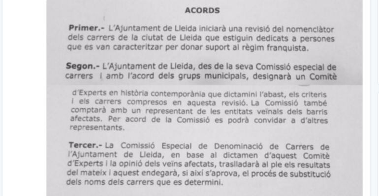 Text aprovat aquest divendres al ple de l'Ajuntament de Lleida.