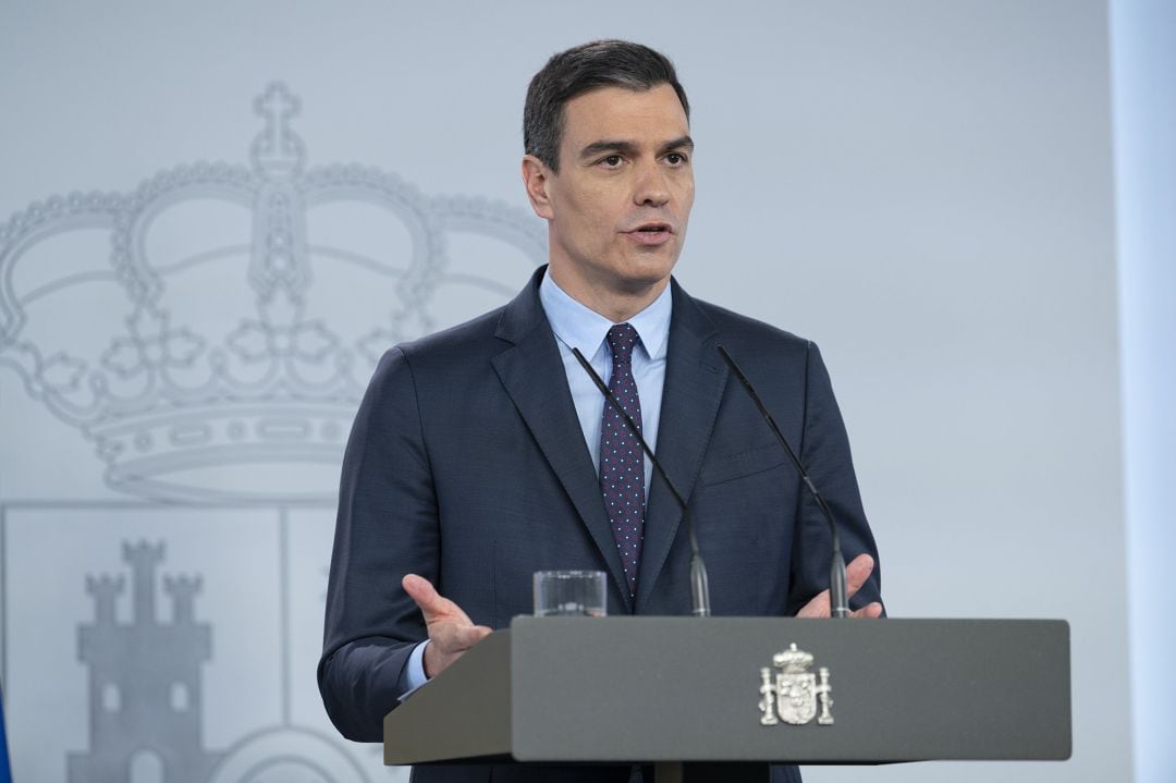 El presidente del Gobierno, Pedro Sánchez, durante su comparecencia en Moncloa