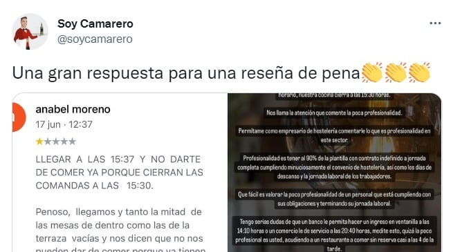 La contundente réplica del dueño de un restaurante ante una crítica arrasa en Twitter en apenas unas horas.