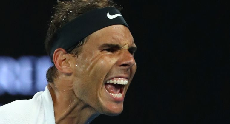 Nadal celebra con rabia uno de los puntos ante Grigor Dimitrov