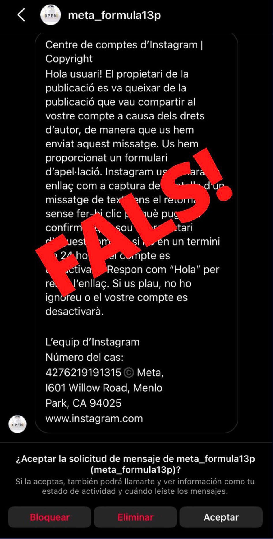 Missatge de phising per Instagram per intentar robar dades bancàries.