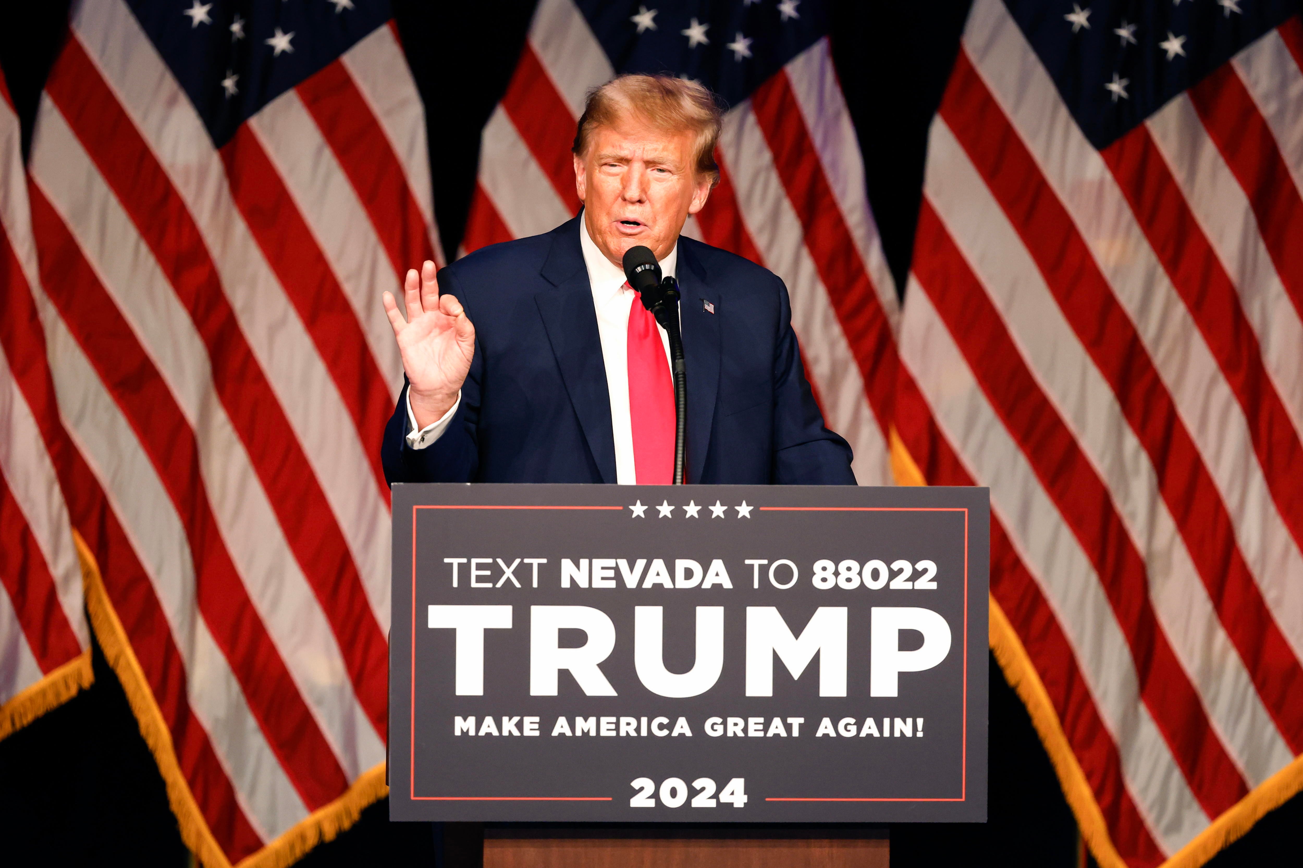 Republican presidential candidate and former US president Donald J. Trump speaks at his campaign hosted caucus night watch party event at the Treasure Island Resort & Casino in Las Vegas, Nevada, USA, 08 February 2024.