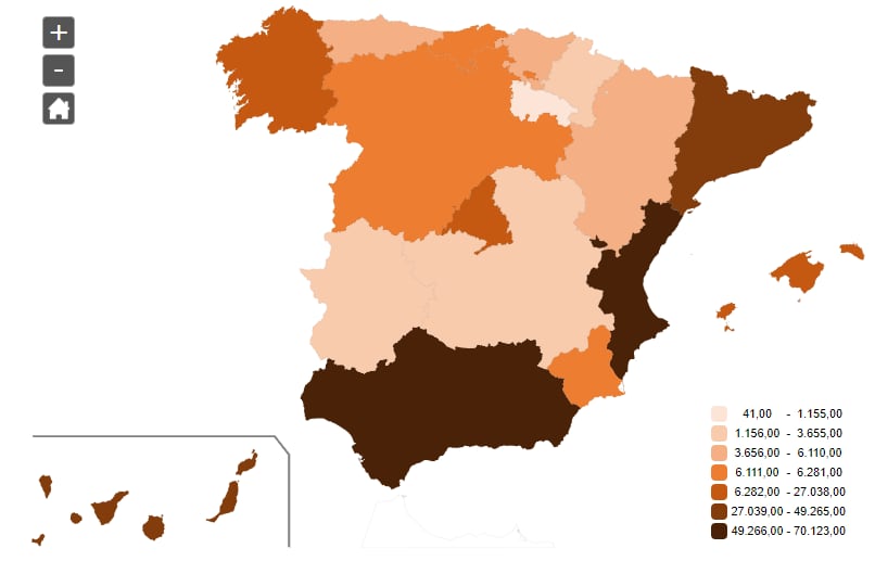 Gráfico del INE con el número de pisos turísticos a nivel nacional, con las provincias más y menos afectadas por colores.