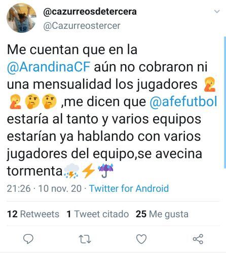 El twitter de la cuenta @cazurreosdetercera que se hace eco de los rumores en el entorno del club ribereño.