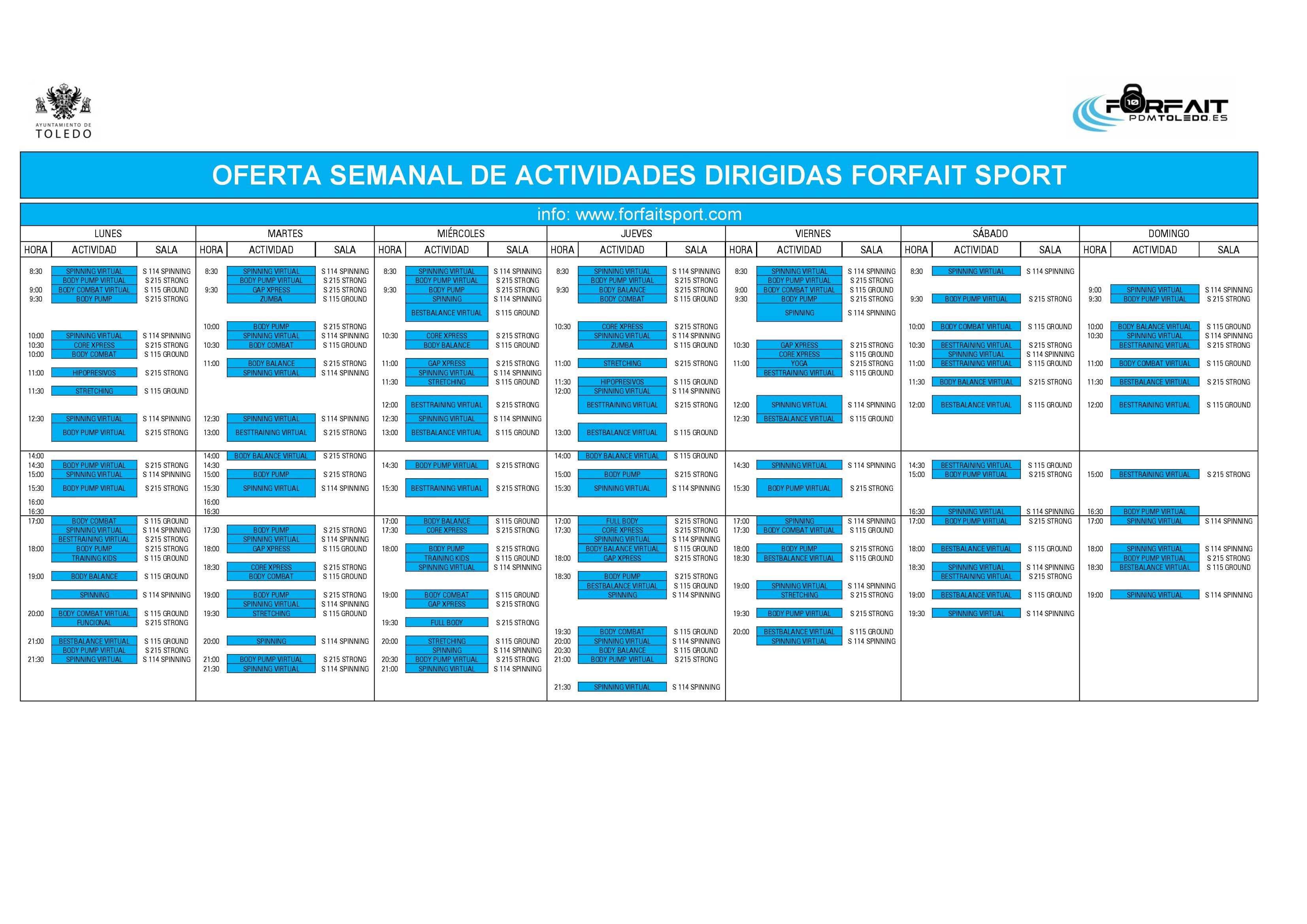 Horarios actividades Forfait Sport