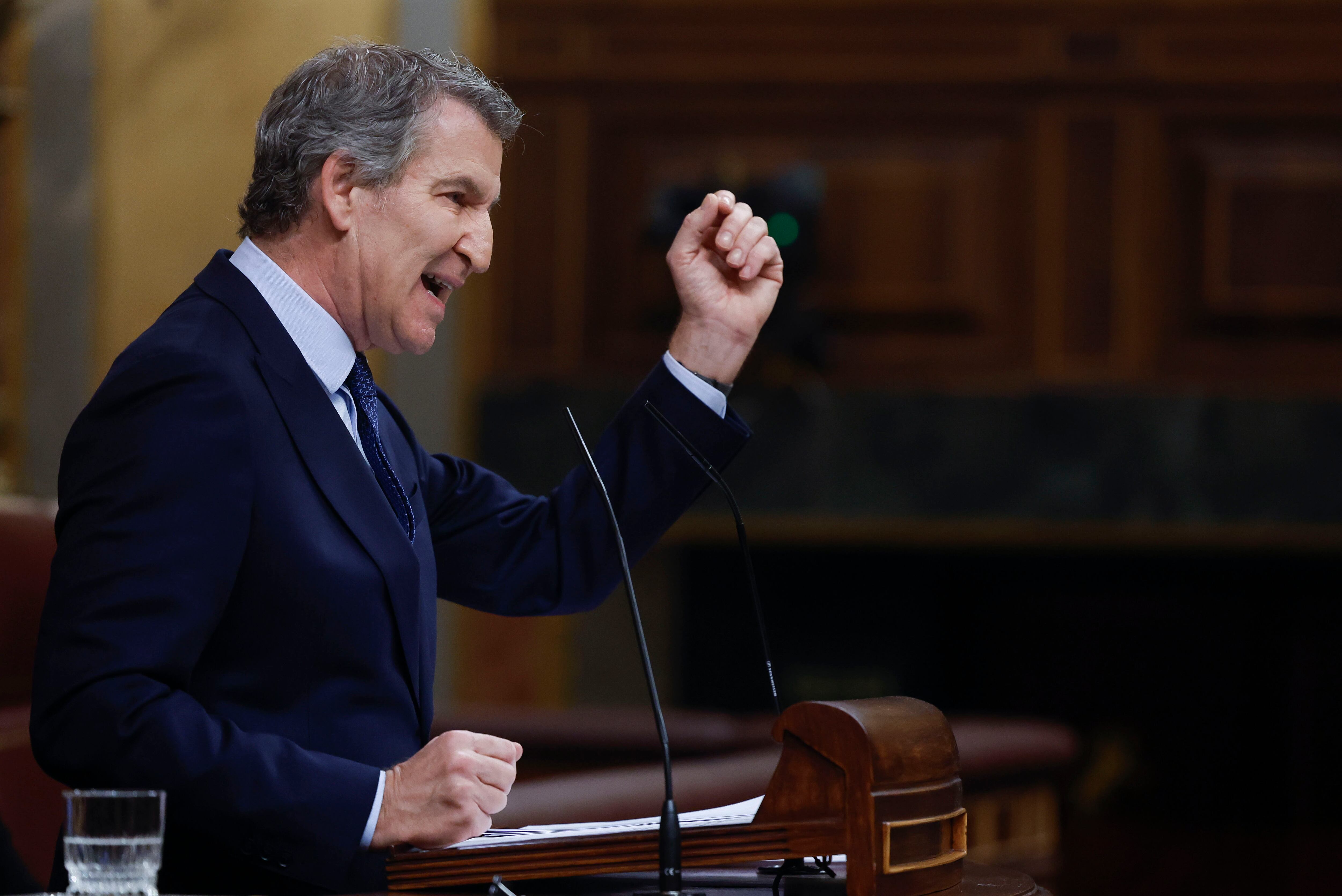 El presidente del PP, Alberto Núñez Feijóo, interviene desde la tribuna de oradores ante el pleno del Congreso para hablar sobre la crisis ferroviaria tras los accidentes de Adamuz (Córdoba) y Barcelona, y sobre la agenda internacional.