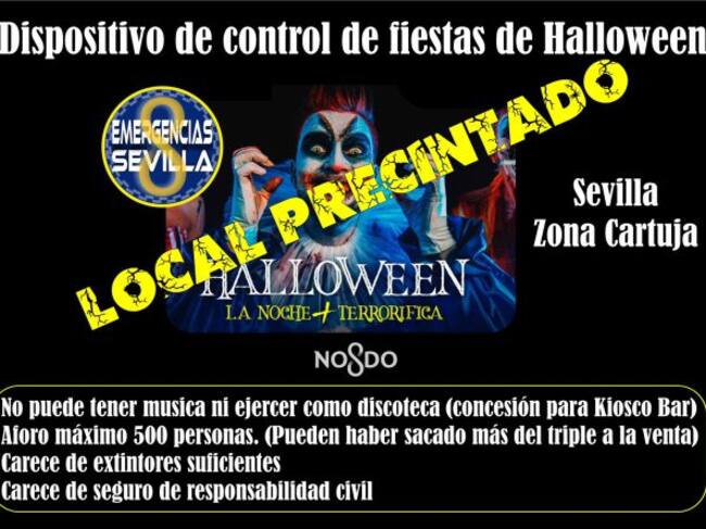 Convocatoria de la fiesta de Halloween en el local de la Isla de la Cartuja clausurado por la Policía Local de Sevilla por diversos incumplimientos