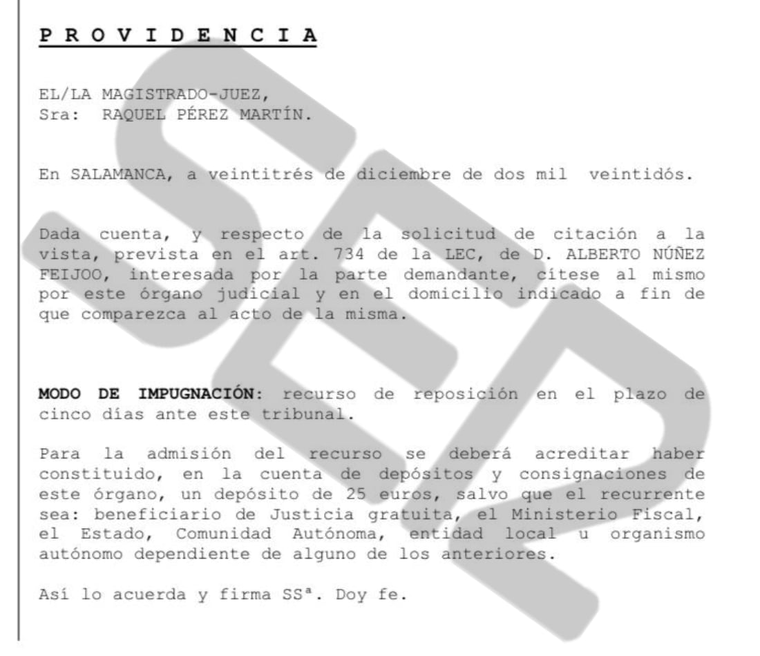 Documento del juzgado que recoge la ausencia de Alberto Núñez Feijóo en la causa que investiga la reclamación del PP de Salamanca por no celebrarse el congreso del partido en esa provincia.