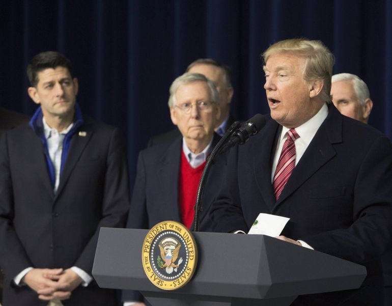 US President Donald J. Trump speaks at Camp David, Maryland, USA, 06 January 2018 after holding meetings with staff, members of his Cabinet and Republican members of Congress to discuss the Republican legislative agenda for 2018. 