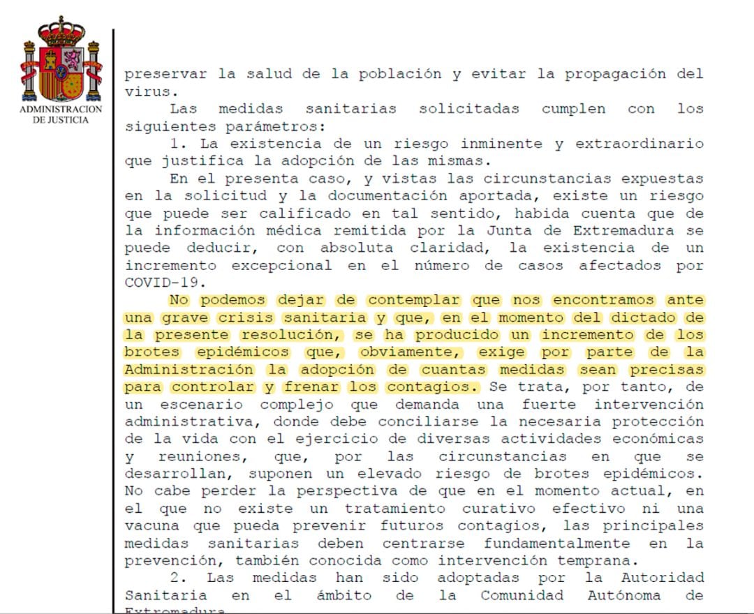 Parte del auto de hoy, 19 de octubre, de la Sala de lo Contencioso-Adminsitrativo que da el visto bueno al acuerdo del consejo de gobierno de la Junta de Extremadura sobre medidas sanitarias especiales contra el Covid-19. El resaltado lo ha introducido Cadena SER