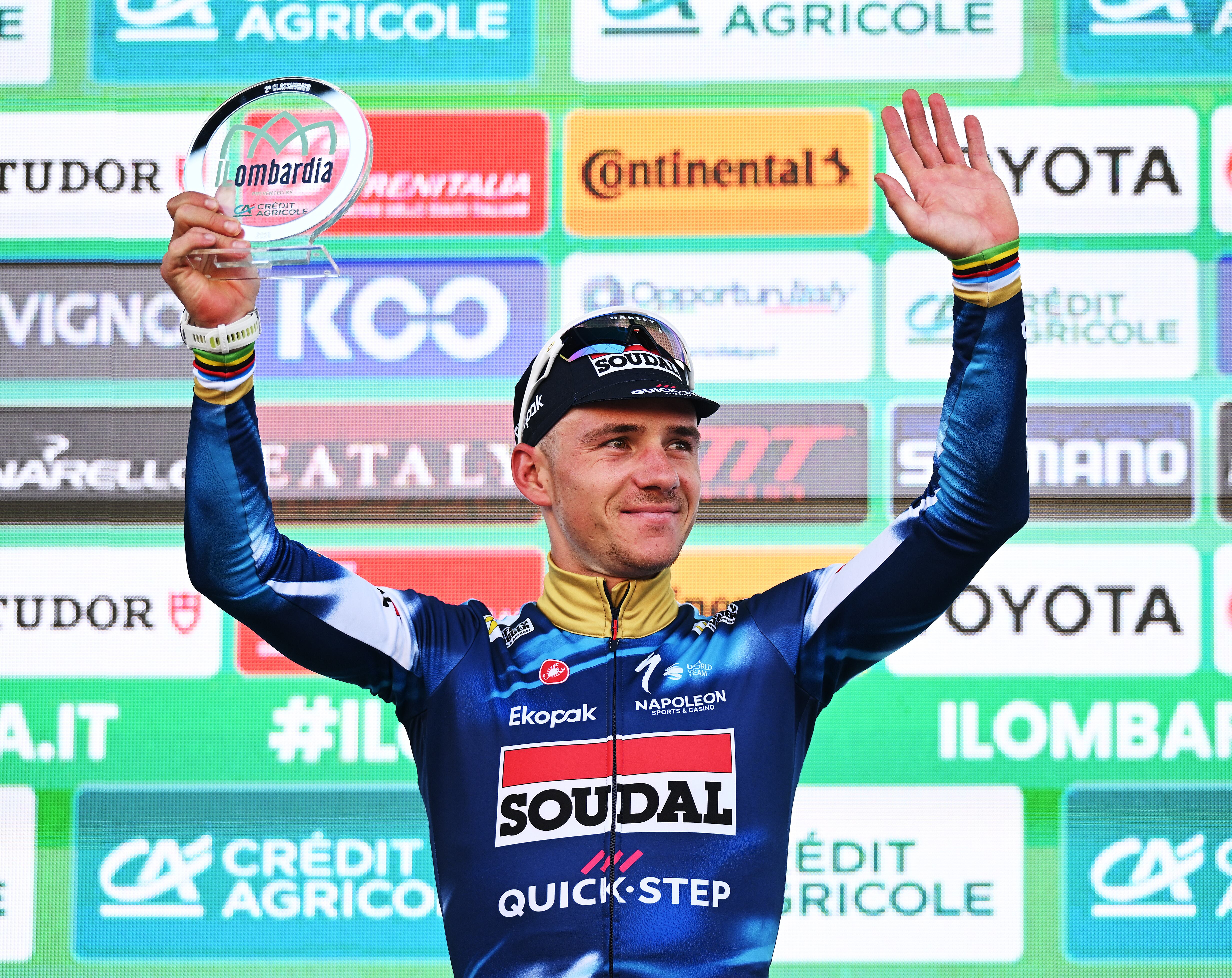 BERGAMO, ITALY - OCTOBER 11: Remco Evenepoel of Belgium and Team Soudal Quick-Step celebrates at podium as second place winner during the 119th Il Lombardia 2025 a 241km one day race from Como to Bergamo on October 11, 2025 in Bergamo, Italy. (Photo by Dario Belingheri/Getty Images)