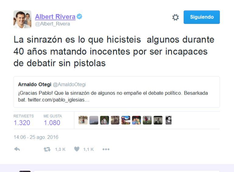 La respuesta de Albert Rivera a la conversación entre Pablo Iglesias y Arnaldo Otegi en Twitter