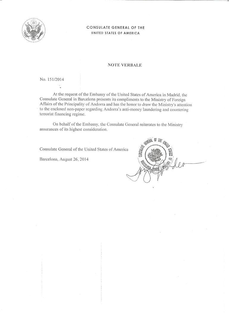 Còpia de la Nota Verbal enviada per l'ambaixada dels EUA a Andorra