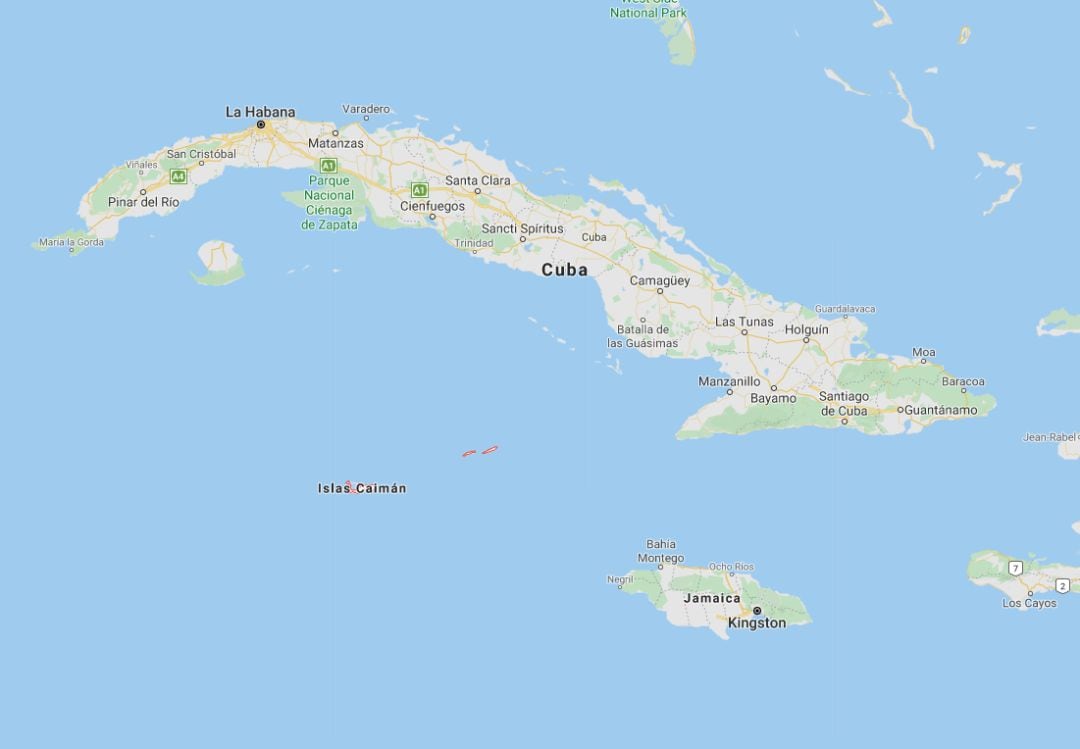 Mapa de Islas Caimán, Jamaica y Cuba