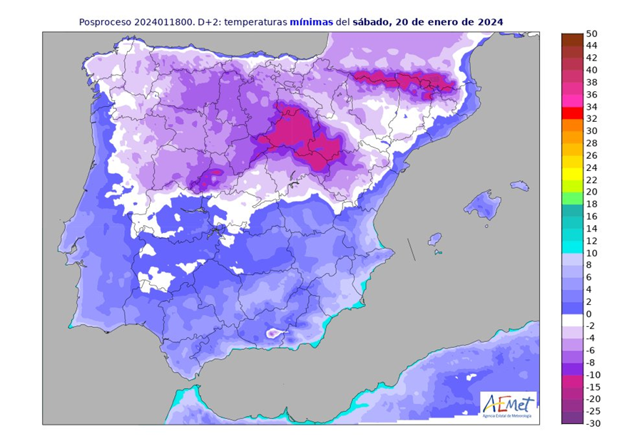 Mapa de temperaturas previstas para el sábado 20 de enero.