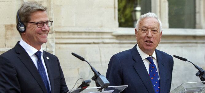 El ministro de Asuntos Exteriores y Cooperación, José Manuel García-Margallo, durante la rueda de prensa conjunta con su homólogo alemán, Guido Westerwelle.