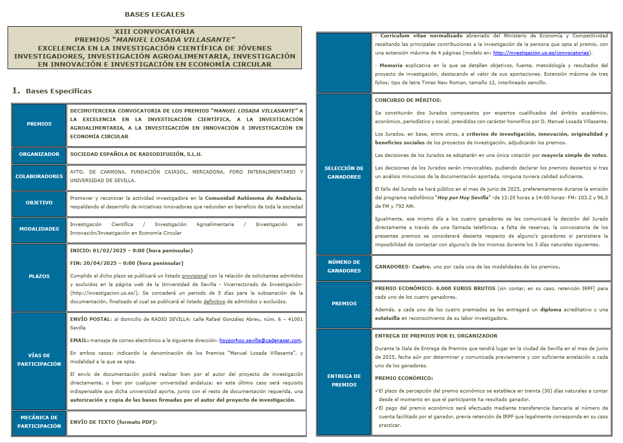 Bases de la XIII edición de los Premios Losada Villasante a la Investigación que convoca Radio Sevilla