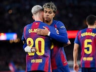 Dani Olmo felicita a Lamine Yamal por su gol frente al Real Oviedo