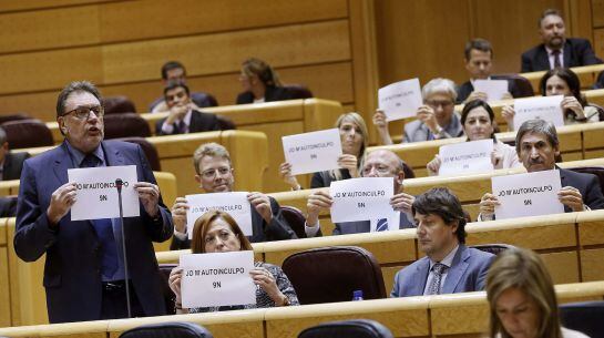 GRA327. MADRID, 25/11/2014.- El portavoz de CiU en el Senado, Josep Lluís Cleries (i), muestra un cartel en el que se autoinculpa del 9N, junto al resto de senadores de su partido, hoy durante la sesión de control al Gobierno en el pleno de la Cámara alta