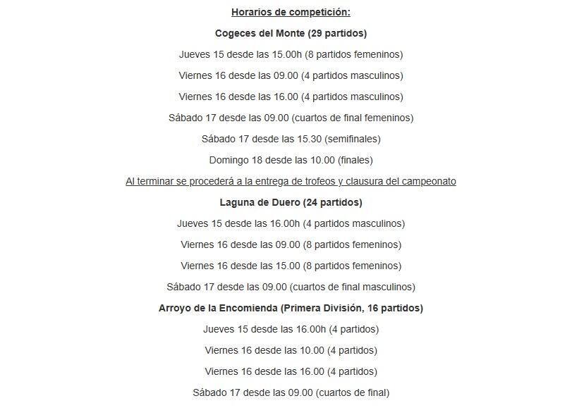 Plannig de partidos del Campeonato de España de Frontenis de Cogeces del Monte