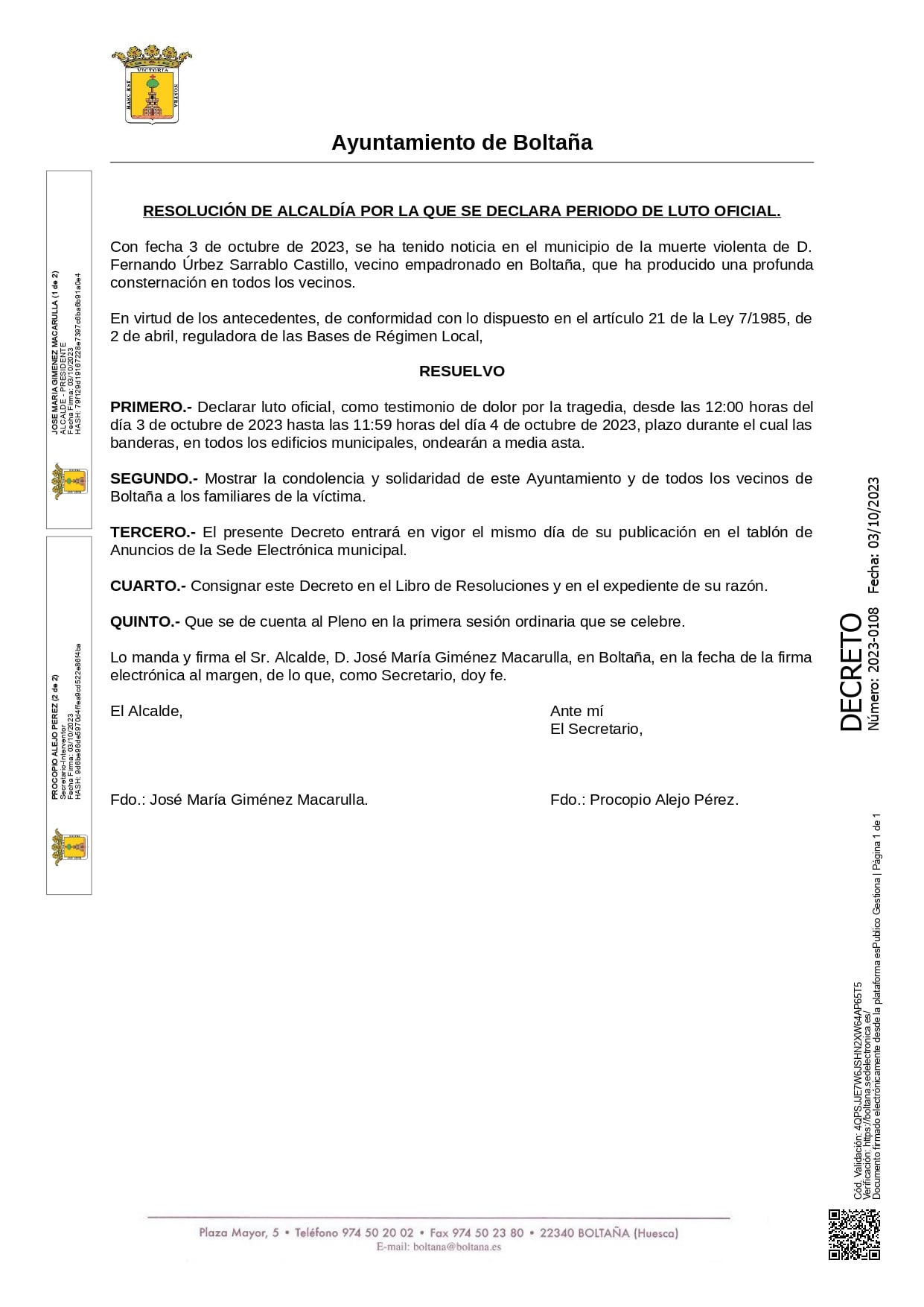 Resolución del Ayuntamiento de Boltaña