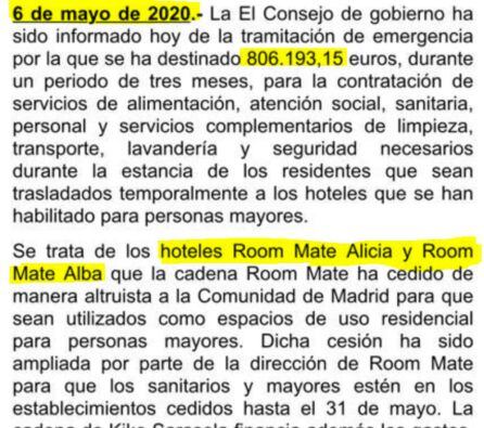 Nota del Consejo de Gobierno de la Comunidad del 6 de mayo por la que se liberan 800.000 euros.