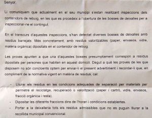 La carta que han recibido algunos vecinos de Caldes de Malavella, recriminándolos porque se sospecha que no han reciclado bien