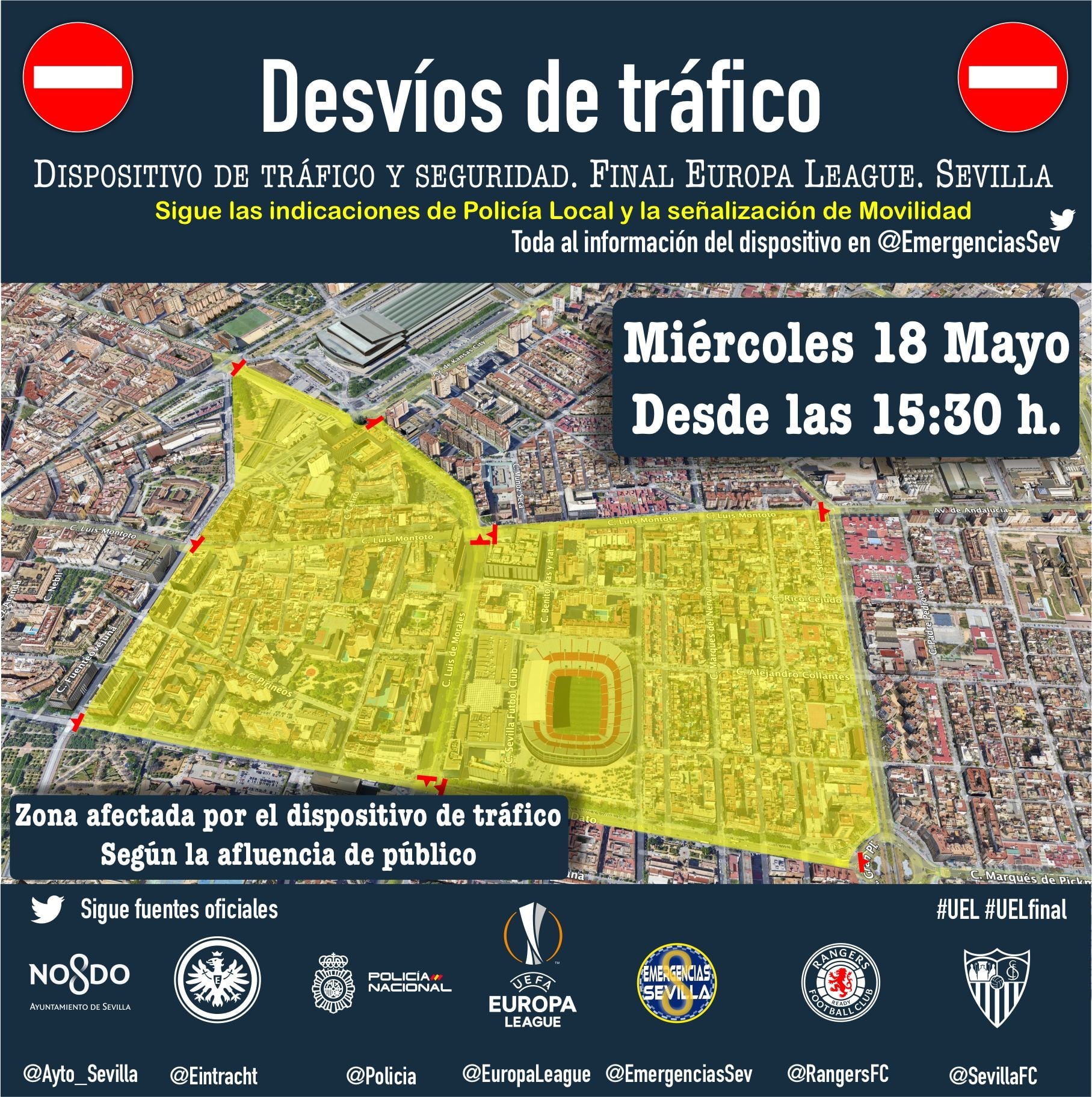 Emergencias Sevilla ha delimitado la zona de tráfico restringido para la final de la Europa League