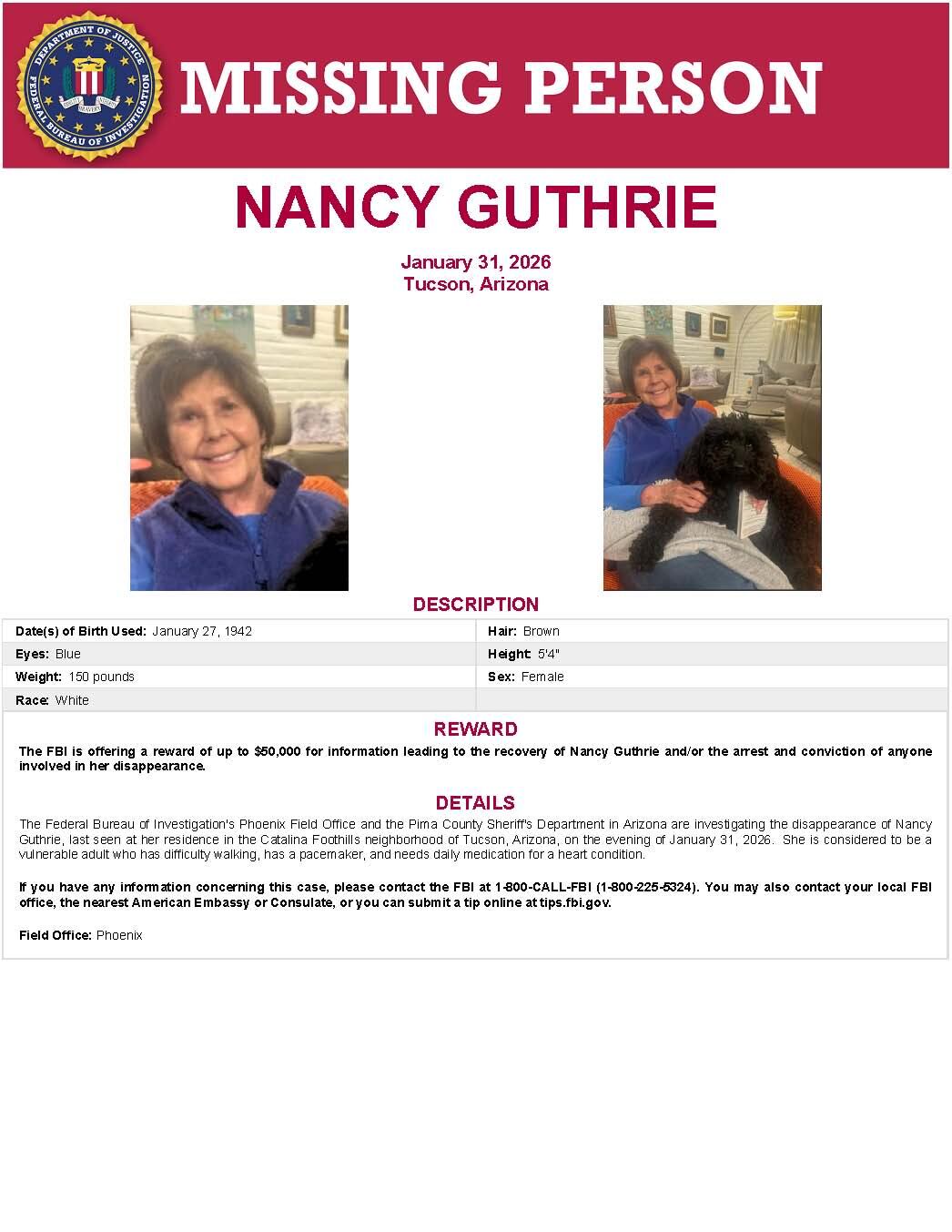 Fotografía cedida por el FBI que muestra el cartel de búsqueda de Nancy Guthrie, la mujer de 84 años desaparecida desde la noche del sábado 31 de enero en la ciudad de Tucson, Arizona (Estados Unidos).