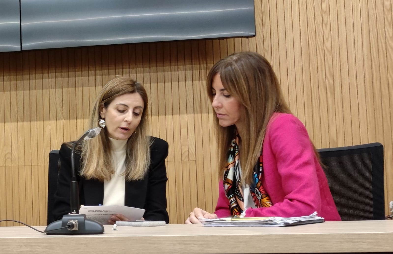 La fiscal de Violencia de Género, Beatriz Rey (a la izquierda), conversa con la fiscal de Derechos Humanos y Memoria Democrática de Córdoba, Flor Aguado (a la derecha)