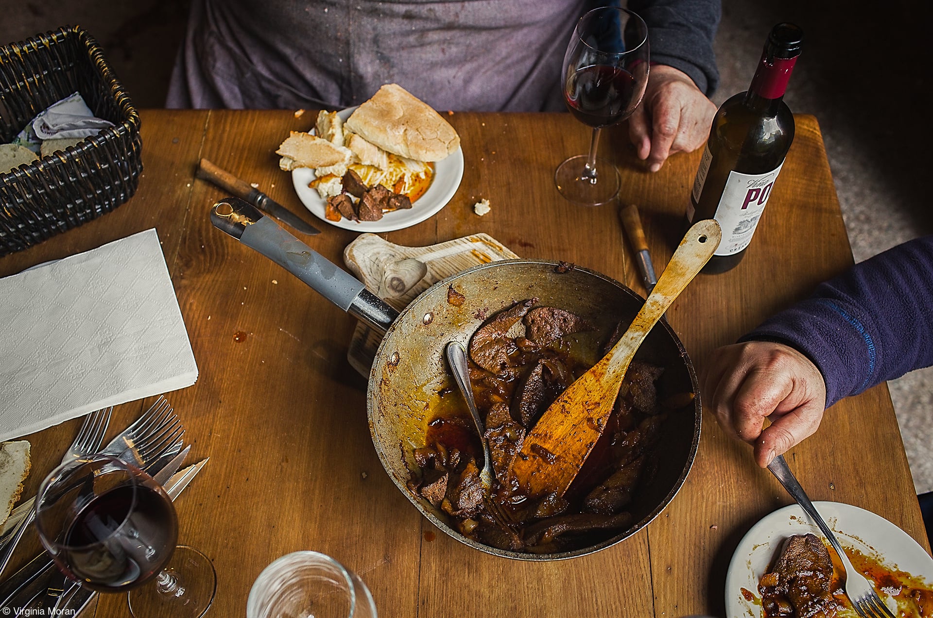 Pork, laughter, and red wine.