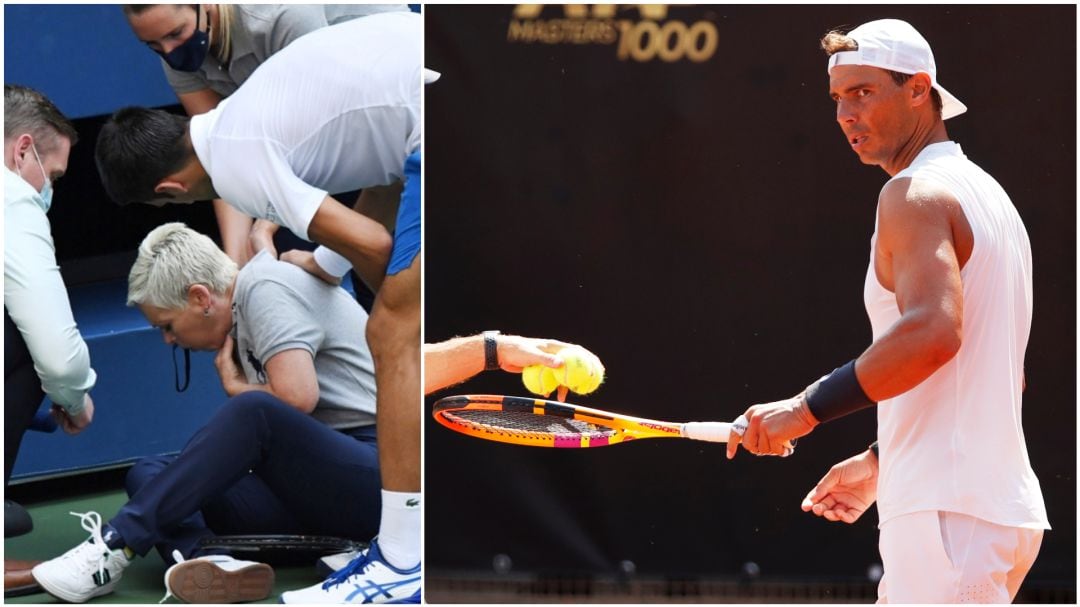 Momento del pelotazo de Djokovic; Rafa Nadal entrenando