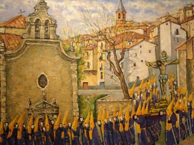 Cuadro de Óscar Pinar con el paso del Cristo de los Espejos por la Puerta de Valencia.