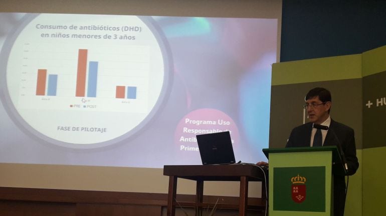 El consejero de Salud, Manuel Villegas, explica los resultados del Programa de Uso Responsable de Antibióticos en la Primera Infancia.