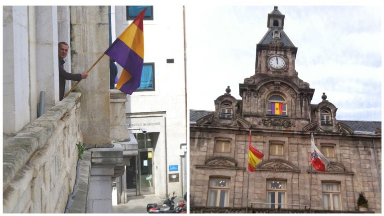 A la izquierda, Miguel Saro, concejal de IU, con la bandera republicana. A la derecha, la tricolor, en lo alto del Ayuntamiento de Torrelavega.