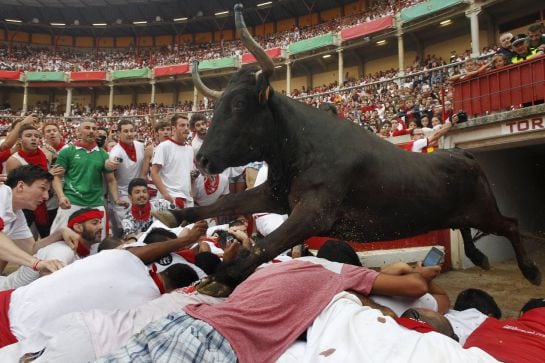 A wild cow leaps over revellers into the bull ring after the second running of the bulls of the San Fermin festival in Pamplona, northern Spain, July 8, 2015. One runner was gored in the run that lasted 2 minutes and 14 seconds, according to local media. 