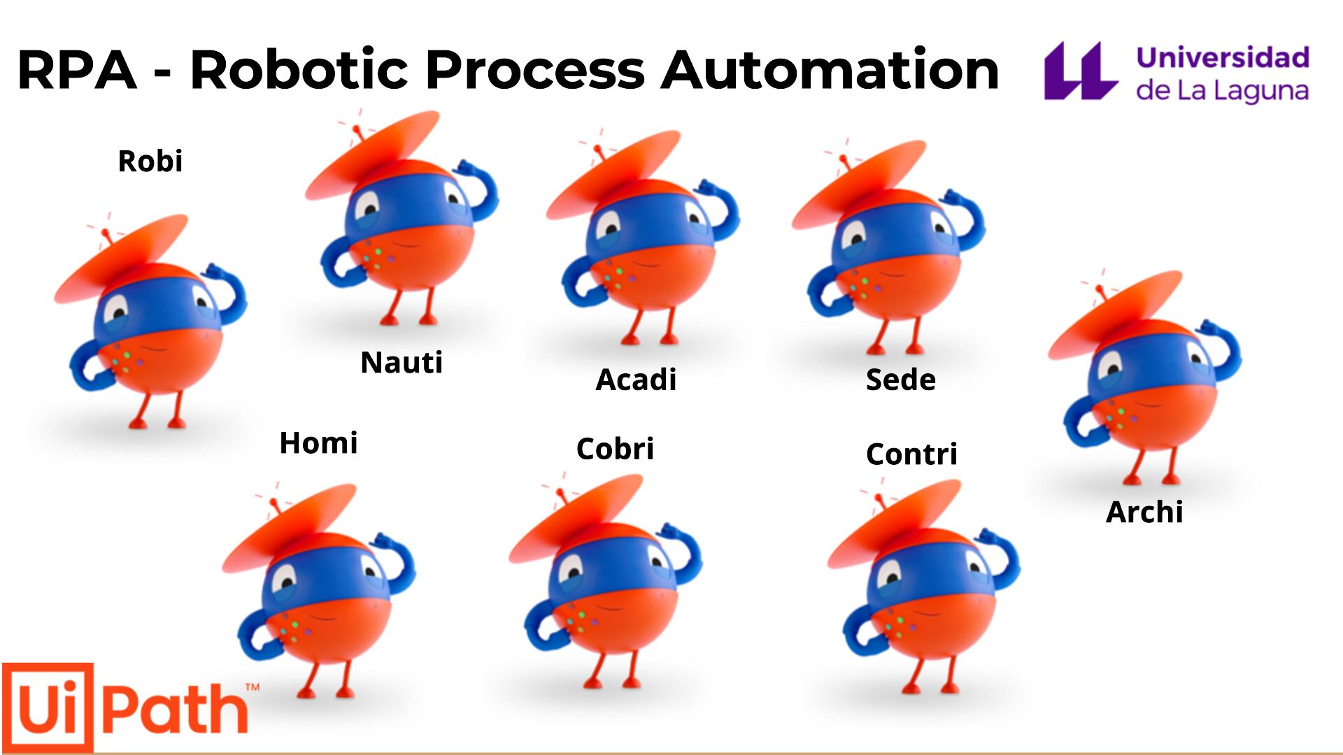 Robi, Nauti, Acadi, Sede, Homi, Cobri, Contri y Archi son los ocho robots de la ULL que agilizan los trámites administrativos desde hace dos años.