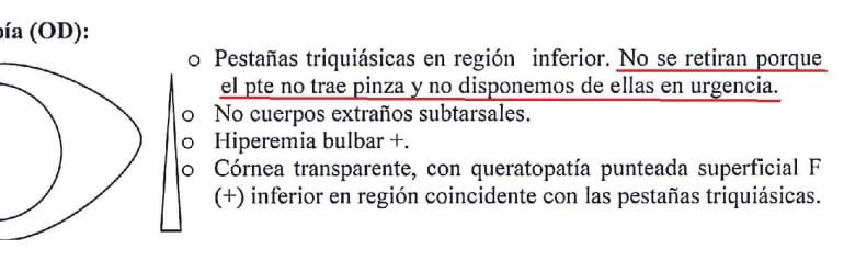 Imagen del informe médico que recibió la paciente tras ser atendida en el servicio de urgencias de oftalmología