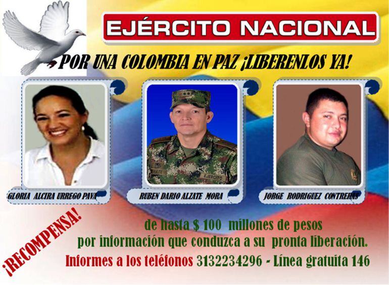 Aviso distribuído por el Ejército colombiano ofreciendo recompensa por información sobre el General Alzate y los otros dos secuestrados junto a él.