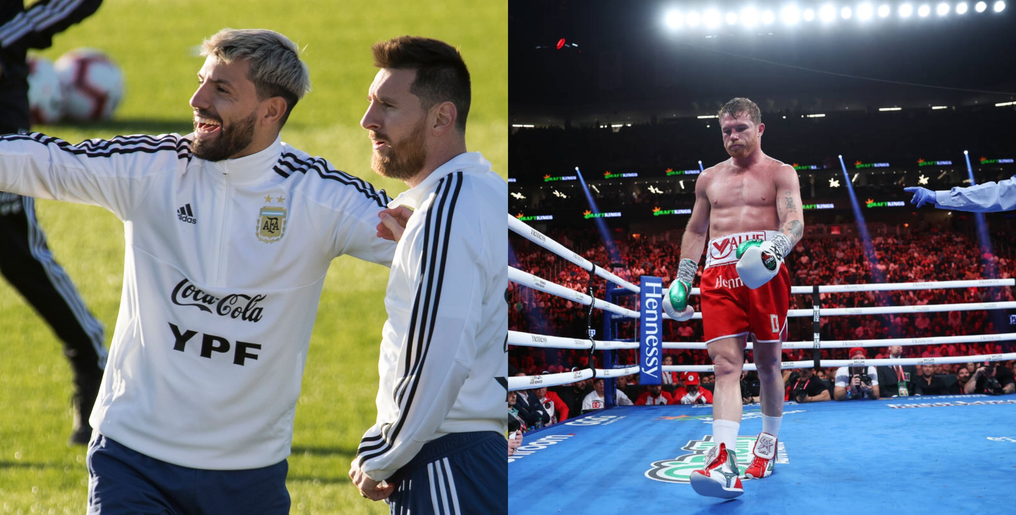 Kun Agüero y Messi a la izquierda; Canelo Álvarez a la derecha.